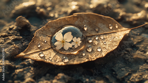 White blossoms reflected in a water droplet on a dry leaf resting on sunbaked earth