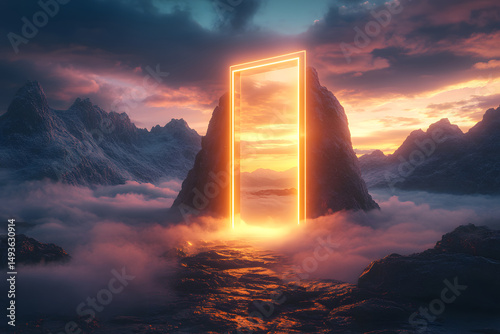 Glowing futuristic doorway in misty clouds with mountains at sunset, surreal creative background, concept of futuristic opportunity and unknown path. Ai generative
