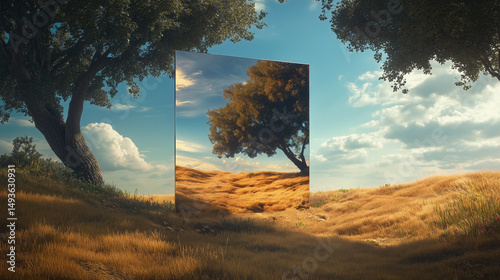 Frameless mirror in dry golden field reflecting lone tree on bright blue sky