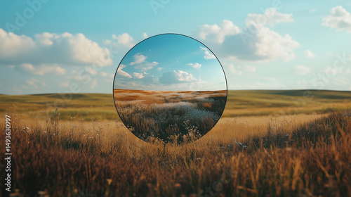 Frameless circular mirror reflecting blooming wildflowers in dry summer field under blue sky
