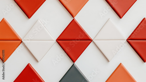 Geometric Wall Decor: Modern Triangle Pattern in Red, Orange, White, and Gray for Abstract Backgrounds and Creative Designs.