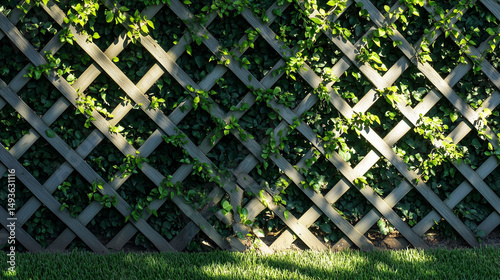 Wooden trellis with green vines in morning light creating geometric garden pattern
