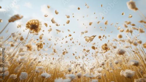 Golden dry flower field releasing seeds into soft blue sky with drifting motion