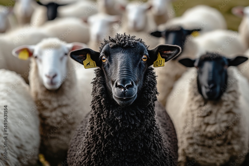 Fototapeta premium Black sheep stands out among a herd of white sheep in a lush green pasture during daylight hours