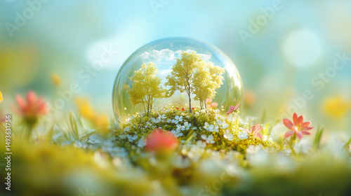 Miniature trees enclosed in a glass sphere surrounded by blooming spring flowers in dreamy soft focus