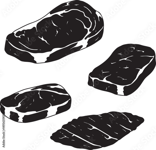 Delicious grilled steaks variety cuts black and white illustration