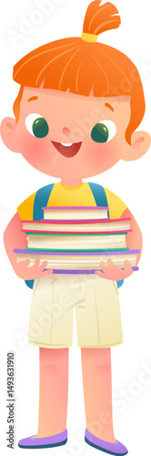 High school or middle school Caucasian Redhead Schoolgirl Holding a Stack of Books. Cute teenager student girl character carrying books. Children back to school vector illustration clip art