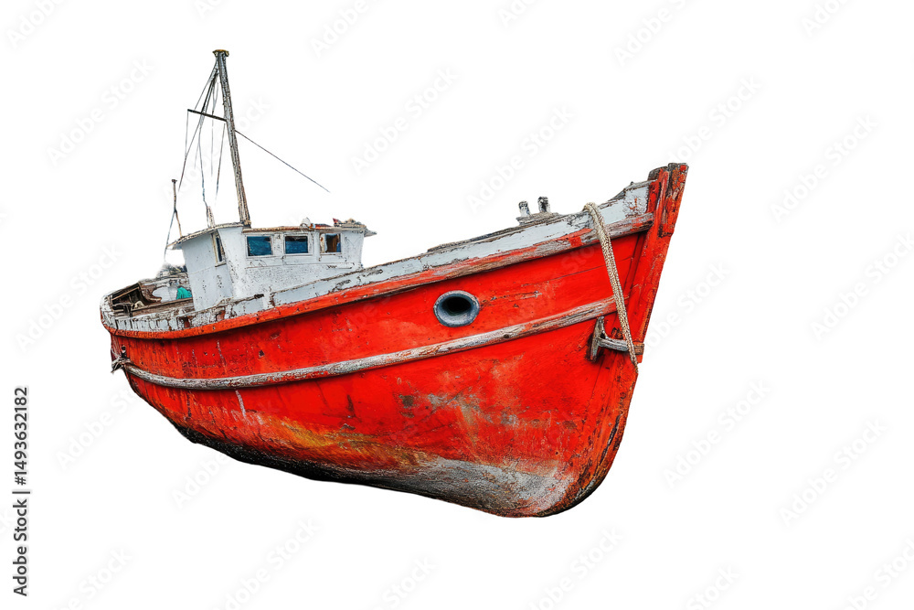 Naklejka premium Abandoned red fishing boat, weathered and worn