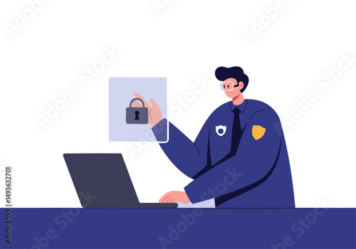 A professional man isolates a cyber threat on a laptop, securing data with a padlock. Modern, flat design illustration. Focus on security and digital protection.