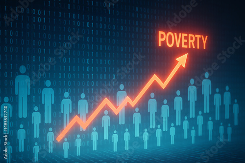 A digital representation of rising poverty levels, illustrated by an upward graph and the word 'POVERTY' highlighted in red against a backdrop of binary code.