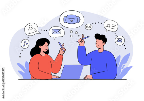 Two professionals brainstorm solutions on a laptop, surrounded by creative icons. Modern, collaborative, and visually engaging illustration for business concepts.