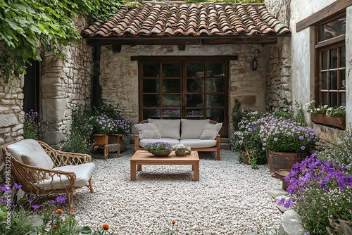 Comfortable rattan chairs in countryside patio high resolution picture