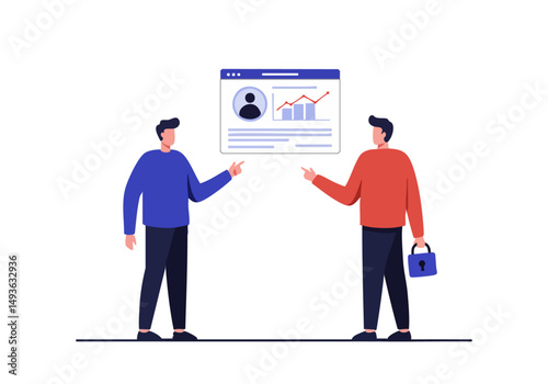 Two professionals discuss a mitigation plan displayed on a tablet. Modern illustration, showcasing strategy and collaboration. Clean, professional design.