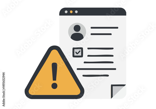 Warning icon overlaid on a profile page with a document. A clear, modern graphic highlighting security concerns and user verification. Suitable for digital alerts and privacy themes.