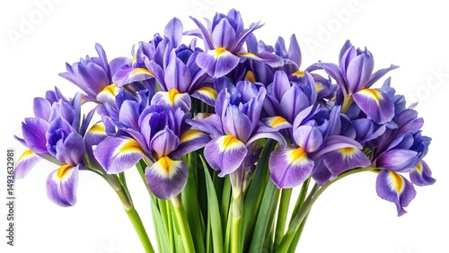 A beautiful arrangement of purple irises with yellow highlights on a white background