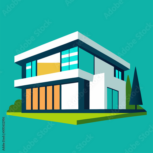 vector illustration of a modern house, An illustration of a modern two story house with a front porch, a yard, and trees.
