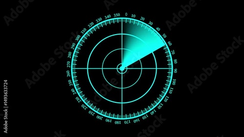 A Sky blue radar emits sonar waves from the center outward over a black background, scanning the surroundings. This simple radar navigation system actively monitors and detects nearby objects.