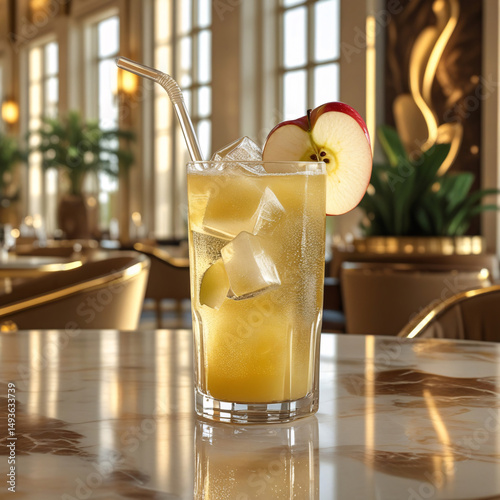 A crystal-clear glass of fresh apple juice with ice cubes, placed on an elegant marble table in a luxurious