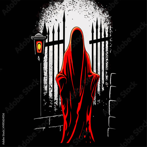 Mysterious figure in red robe at a gated entrance at night