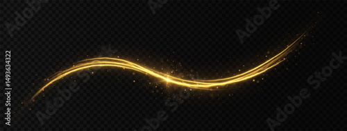 Golden wavy lines with light effect isolated on transparent background. Shimmering particles of dust. Sparkling flow of magical trail.