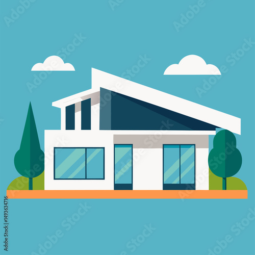 vector illustration of a modern house, An illustration of a modern two story house with a front porch, a yard, and trees.