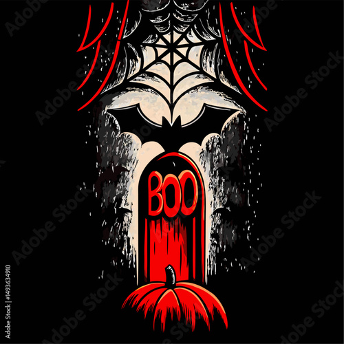 Spooky halloween night scene with tombstone and pumpkin