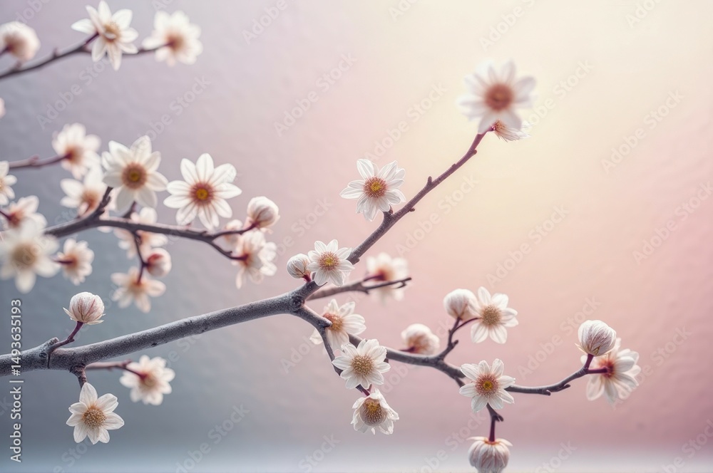 Delicate cherry blossoms on branch against soft pastel background Delicate cherry blossoms on branch against soft pastel background