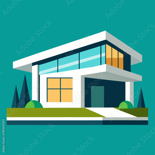 vector illustration of a modern house, An illustration of a modern two story house with a front porch, a yard, and trees.