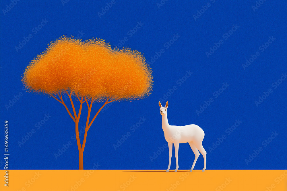 Fototapeta premium Retro background, White Llama with Orange Tree on Blue Background