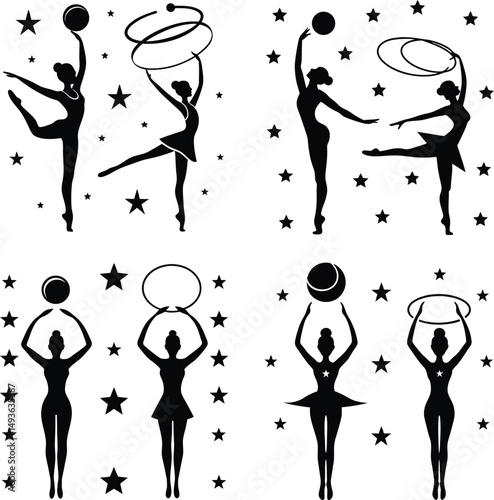 Silhouettes of rhythmic gymnasts with balls and hoops surrounded by stars on a white background