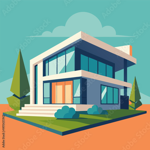 vector illustration of a modern house, An illustration of a modern two story house with a front porch, a yard, and trees.