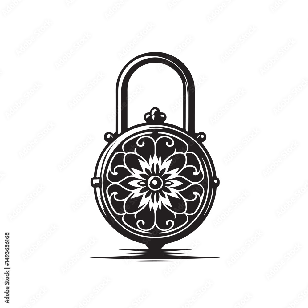 Fototapeta premium Black Color Locket Silhouette Vector Illustration, Solid White Background. minimal vector design