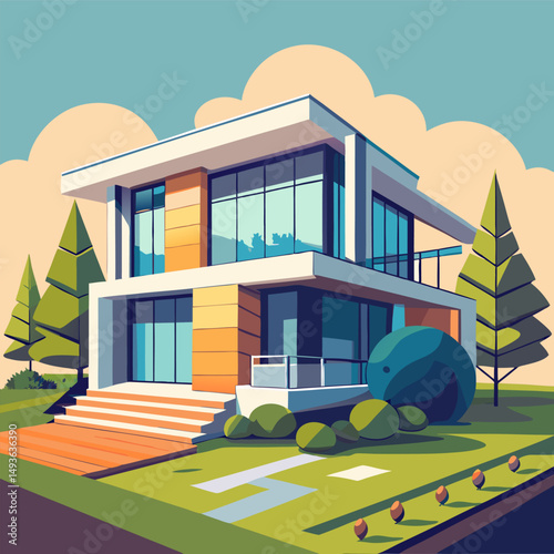 vector illustration of a modern house, An illustration of a modern two story house with a front porch, a yard, and trees.