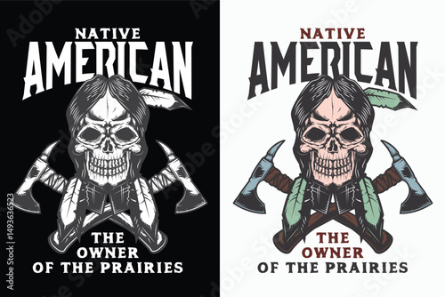Native American Warrior Skull T-Shirt with Tomahawks Tribal Prairie Design