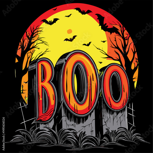 Halloween boo graphic design with graveyard and bats
