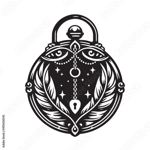 Black Color Locket Silhouette Vector Illustration, Solid White Background. minimal vector design