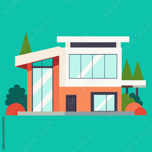 vector illustration of a modern house, An illustration of a modern two story house with a front porch, a yard, and trees.