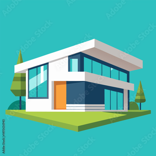 vector illustration of a modern house, An illustration of a modern two story house with a front porch, a yard, and trees.