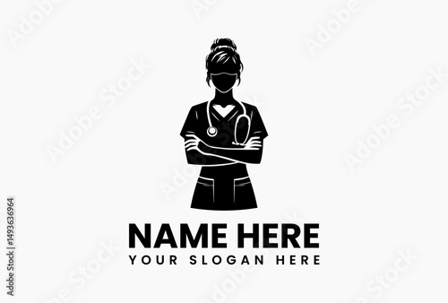Stylized single-line nurse vector art with stethoscope and crossed arms posture. Healthcare professional logo  