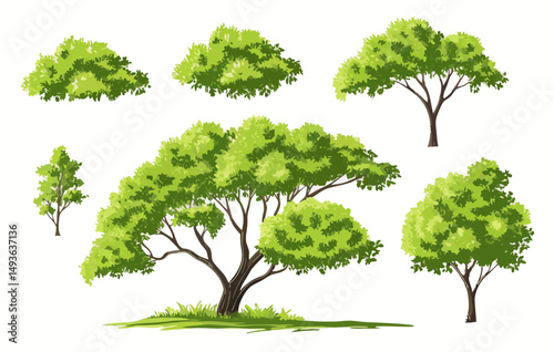 Collection of Hand-Drawn Green Trees, Lush Foliage Illustrations