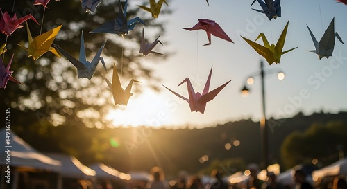Colorful Paper Cranes Hanging Decor at Outdoor Event at Sunset