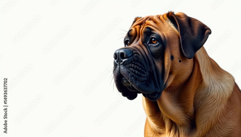Fototapeta premium Imposing mastiff, head tilt, pure white backdrop, animal photography, giant breed