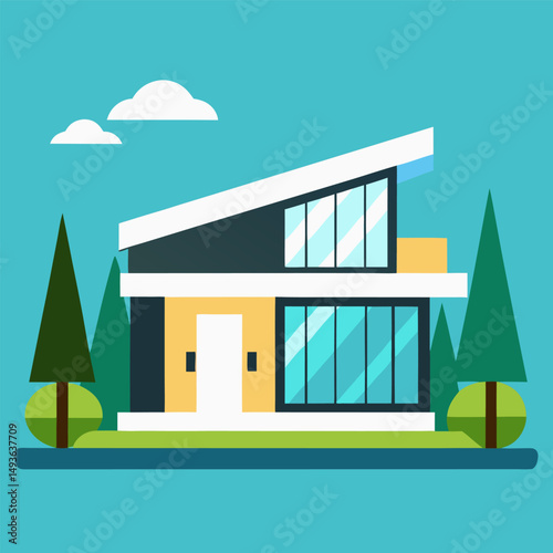vector illustration of a modern house, An illustration of a modern two story house with a front porch, a yard, and trees.