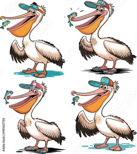 Animated Cartoon Pelican with Fish and Baseball Cap vector illustration