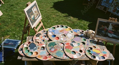 Artist Palettes with Colorful Paints Displayed on Table Outdoors