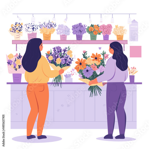 Happy friends choosing flowers in a shop