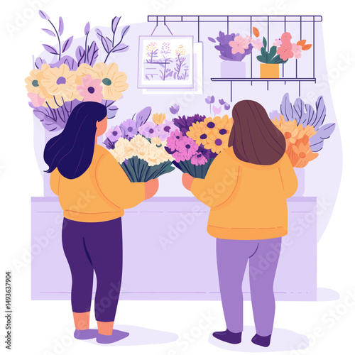 Happy friends choosing flowers in a shop