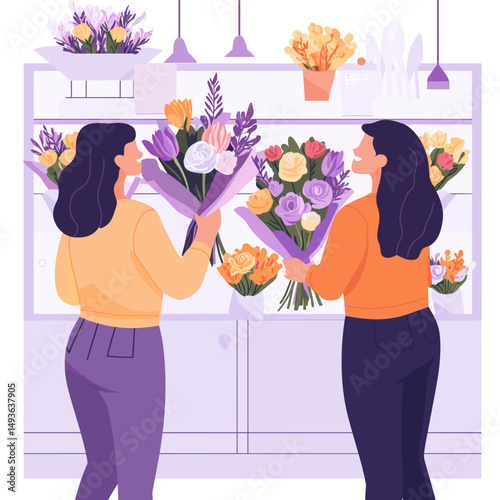 Happy friends choosing flowers in a shop