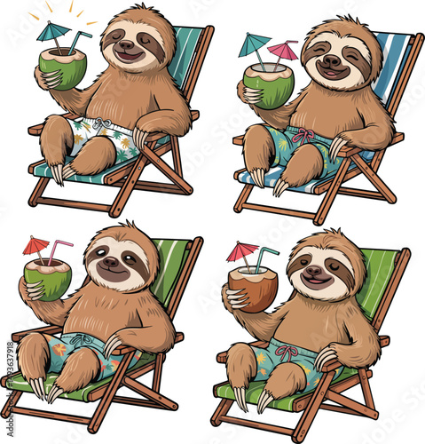 Adorable Cartoon Sloth Relaxing on Beach Chair with Coconut Drink vector illustration