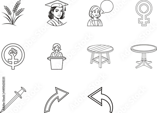 Isolated linear monochrome elements show a graduate, feminism symbols, plants, arrows, and tables